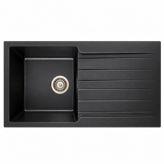 Évier noir 860×500 mm avec une cuve et égouttoir, conçu pour associer espace de lavage et zone d'égouttage en cuisine.