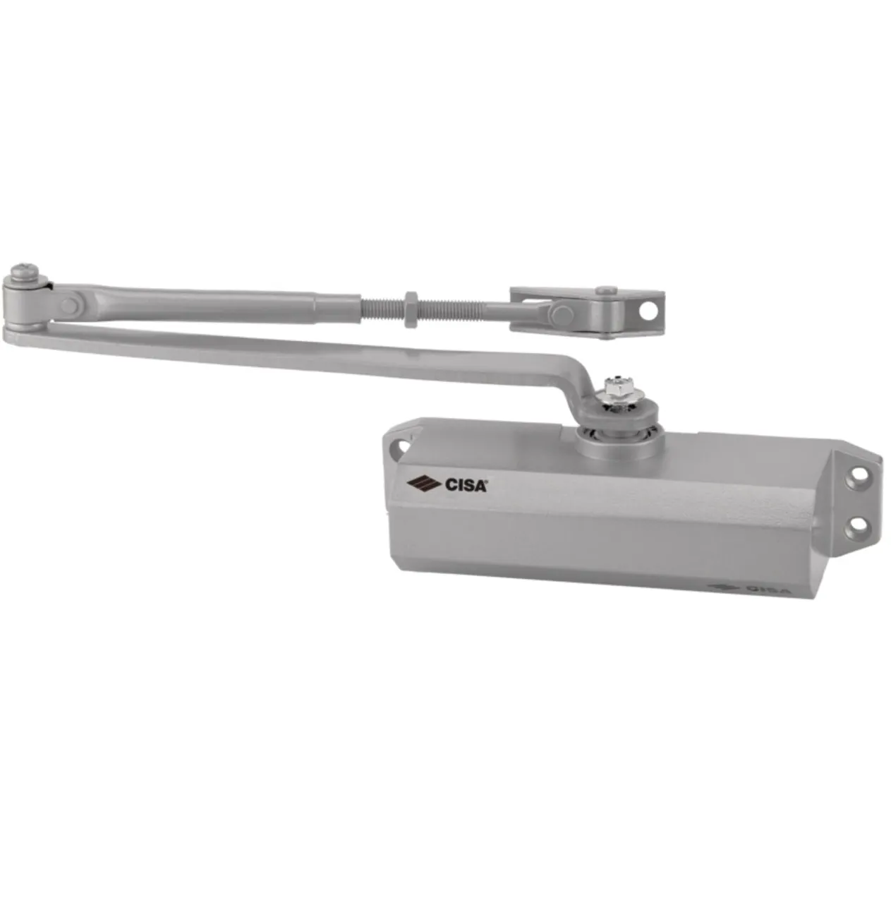 Ferme-porte CISA vérin hydraulique réglable finition aluminium argent pour porte jusqu'à 80 kg – norme EN1154
