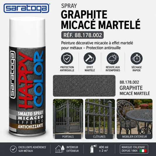 Spray Saratoga Happy Color Graphite Micacé Martelé 400 ml réf 88.178.002 pour portails, grilles et ferronnerie extérieure.