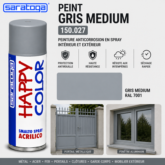 Spray peinture gris moyen RAL 7001 400ml Saratoga Happy Color – anticorrosion, portail métallique, fenêtre alu – SQES Ariana Menzah 8 Tunisie