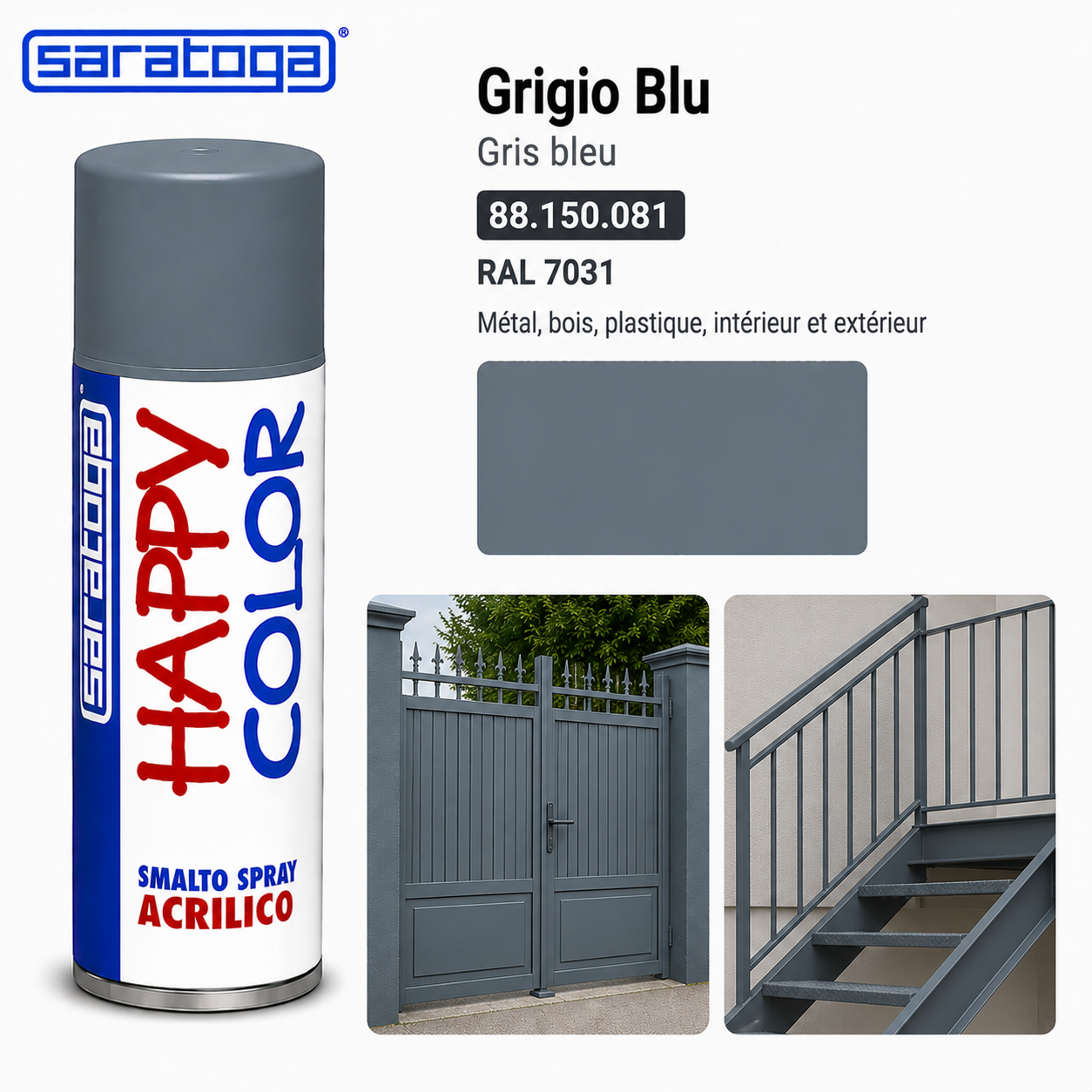 Spray peinture gris bleu RAL 7031 400ml Saratoga Happy Color – métal, bois, portail, rampe – SQES Ariana Menzah 8 Tunisie