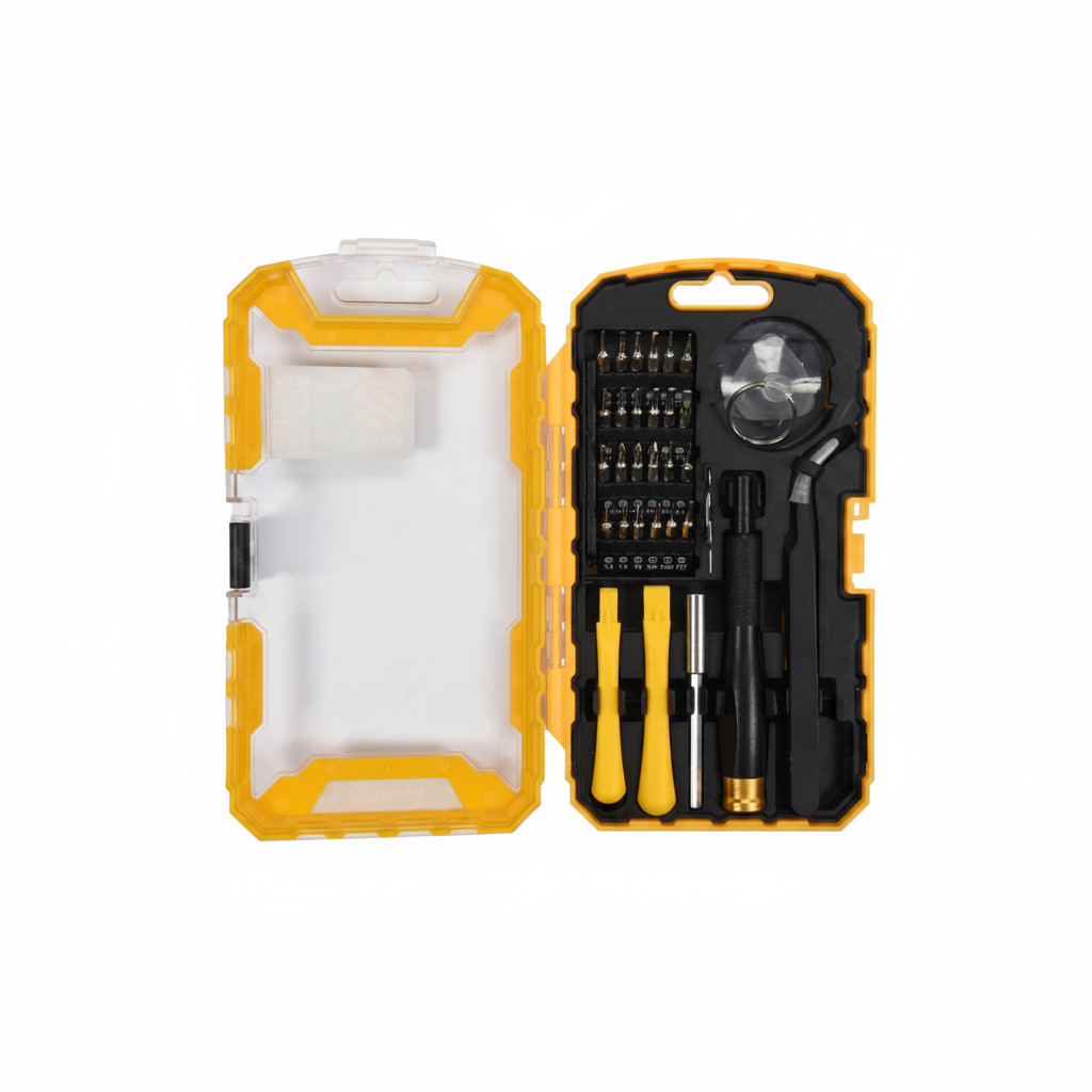 Kit réparation smartphone 32 pcs Vorel 64384 coffret jaune ouvert vue de face