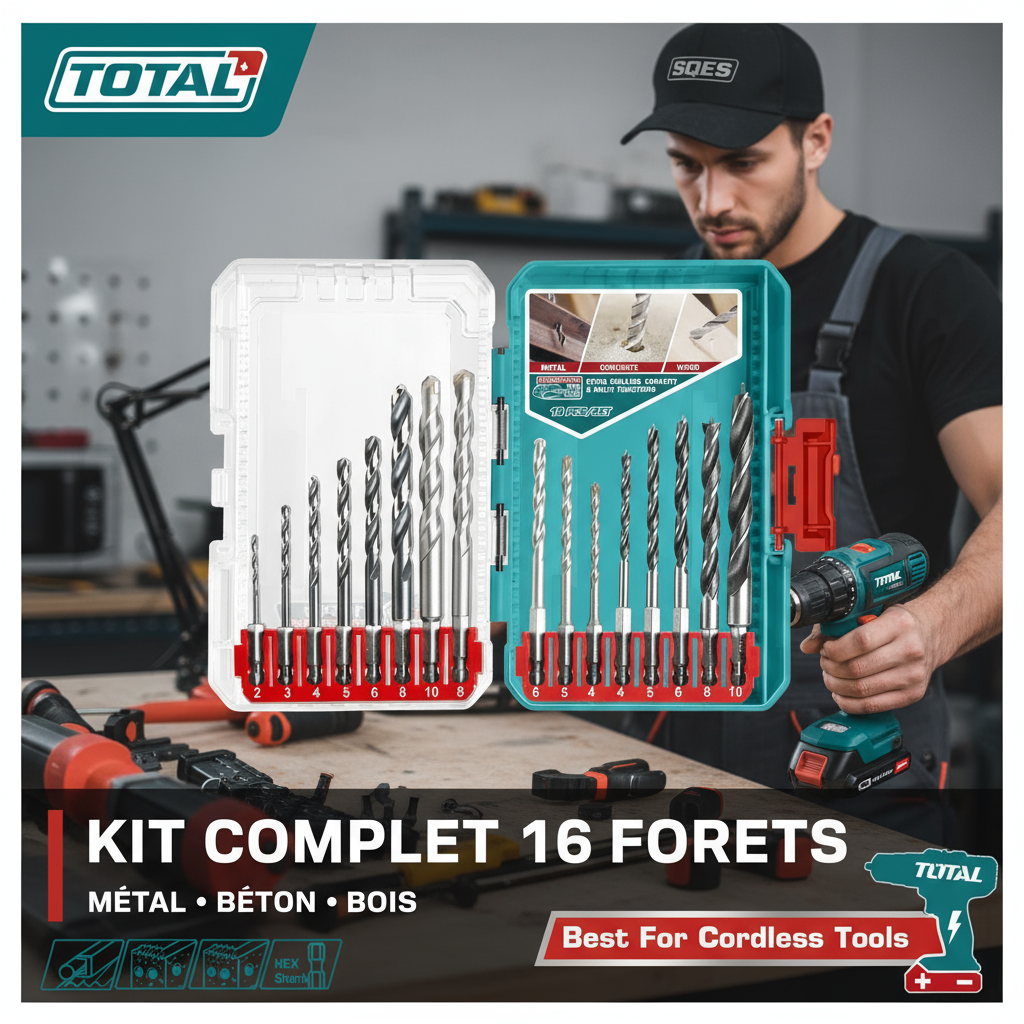 Coffret 16 Forets TOTAL TACSDL11608 – HSS Métal, Carbure Maçonnerie, Bois | Tige Hex