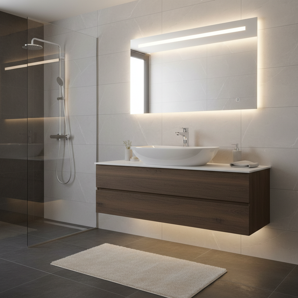 Mitigeur FRAMO A100 chromé installé dans une salle de bain moderne