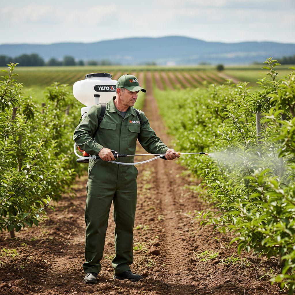 Agriculteur SQES utilisant atomiseur YATO pour traitement arbres fruitiers