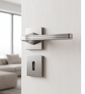 Détail poignée porte MARIANA VIOLA satiné inox brossé sur rosace carrée RIVE BLOC – sqes menzah 8 bricolage meilleur prix en tunisie