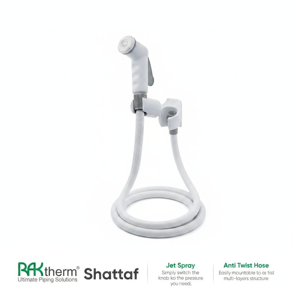 Kit flexible de toilette douchette shattaf RAKtherm blanc avec support mural - format carré