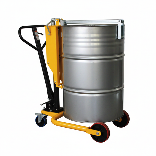 Transpalette de fût 250 kg DP25A jaune et acier sur fond blanc
