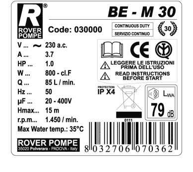 Pompe de transvasement BE-M30 1CV – Rover Pompe