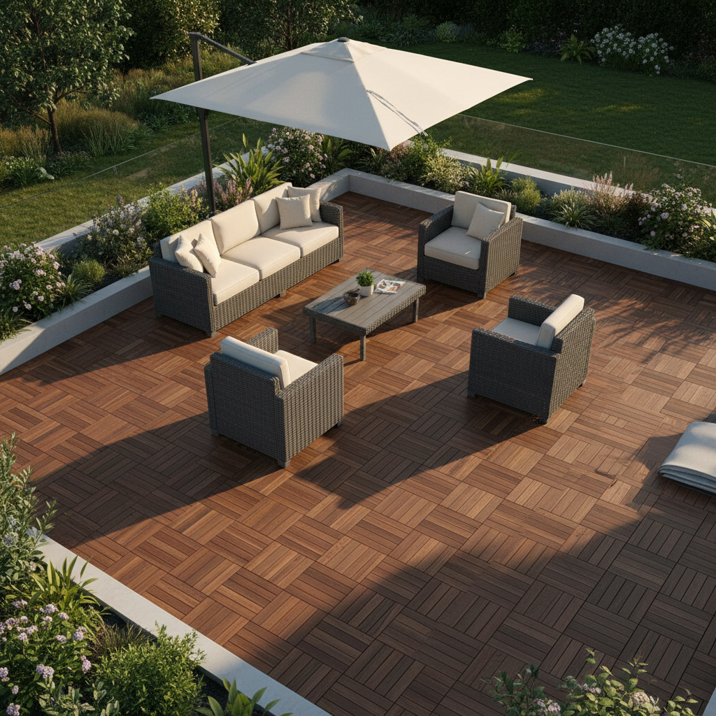 Dalles de terrasse en bois massif marron 50x50 cm posées en grille – vue aérienne