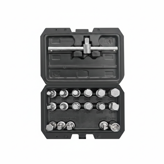 Jeu 18 clés de vidange bouchons huile CrV 3/8" YATO YT-0599 coffret ouvert vue intérieure