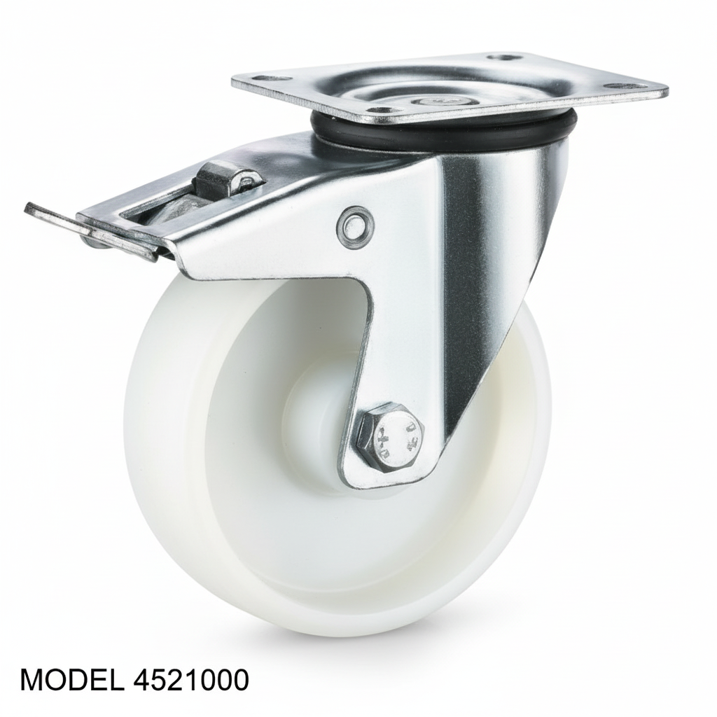 Roue nylon industriel pivotante avec plaque et frein 100mm blanc 452100 - photo professionnelle