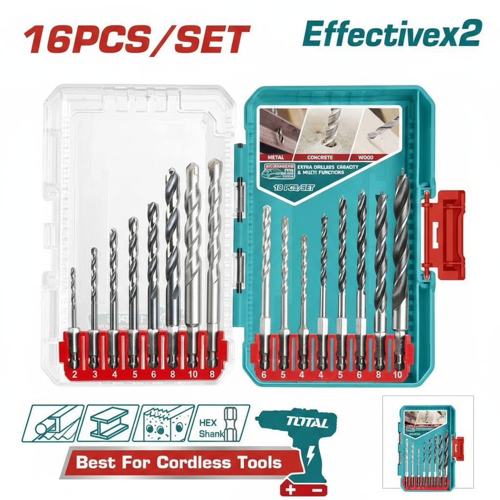 Coffret 16 Forets TOTAL TACSDL11608 – HSS Métal, Carbure Maçonnerie, Bois | Tige Hex