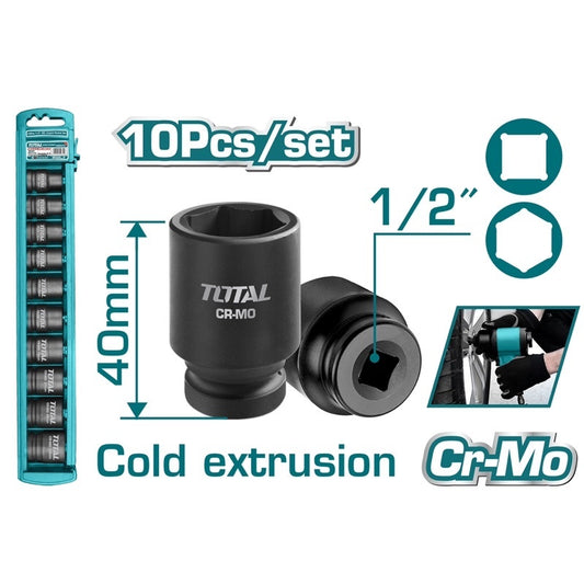 Jeu 10 douilles à choc TOTAL THISTD12101 1/2" – CrMo traité thermiquement, tailles 11-24mm, compatible clés à choc et cliquet 1/2", automobile industrie
