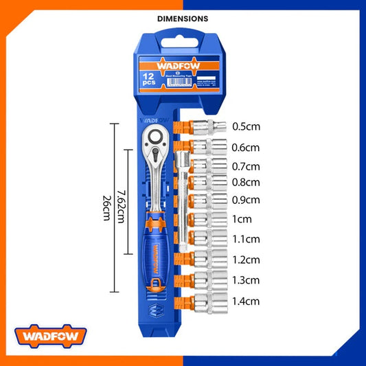 Jeu 12 Pièces Clé Cliquet 1/4" WADFOW WST4212 — Cr-V 45T Douilles 5-14mm Rallonge 3" Dégagement Rapide Mécanique Auto | SQES Tunisie
