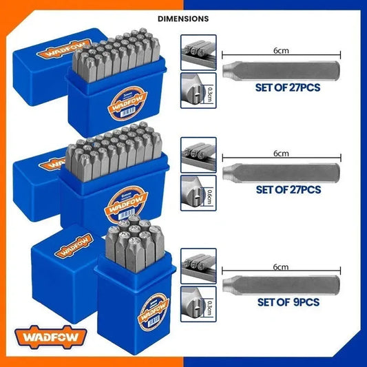 Jeu 36 Poinçons WADFOW WCC9596 — 27 Lettres A-Z 6mm + 9 Chiffres 3mm Acier Carbone HRC48-52 Marquage Métal Bois Cuir | SQES Tunisie
