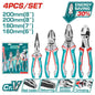 Jeu de 4 pinces TOTAL THT2K0458 acier Cr-V – combinée 8", coupante 7", bec long 6", joint coulissant 8", levier renforcé, poignée TPR tricolore
