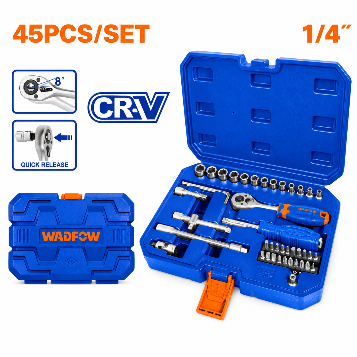 Jeu de 45 Pièces Clé Cliquet 1/4" Cr-V WADFOW WST4D45 — Coffret Douilles Chrome-Vanadium Mécanique Atelier | SQES Tunisie

