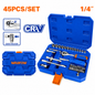 Jeu de 45 Pièces Clé Cliquet 1/4" Cr-V WADFOW WST4D45 — Coffret Douilles Chrome-Vanadium Mécanique Atelier | SQES Tunisie
