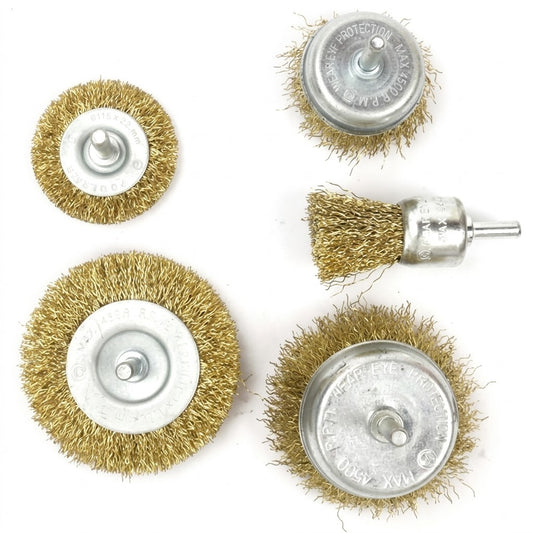 Jeu de 5 brosses métalliques sur tige ADEGSO AD-20170 — Shaft Mounted Wire Brush Set 5 pièces pour perceuse compatible | SQES Tunisie
