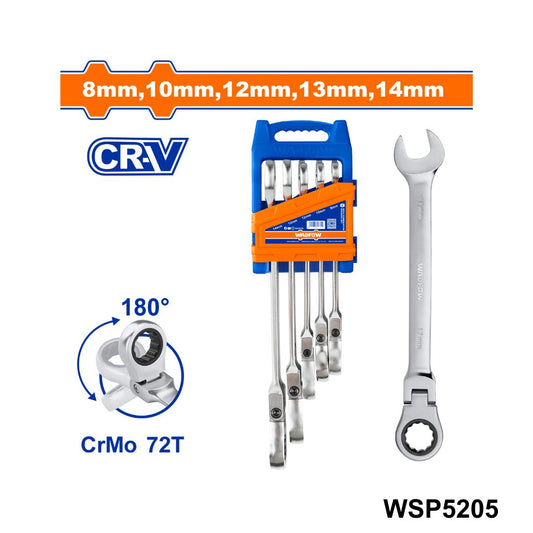 Jeu 5 Clés Mixtes Cliquet Réversible WADFOW WSP5205 — Cr-V Cr-Mo 8-14mm Tête Pivotante 180° Forgé Chaud Mécanique Auto | SQES Tunisie

