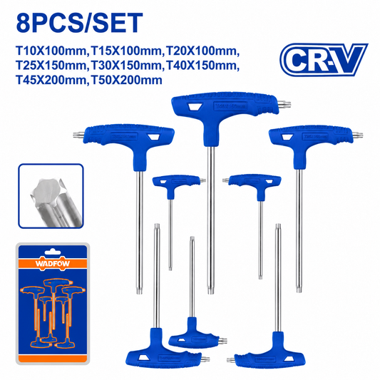 Jeu 8 Clés Torx en T WADFOW WHK3481 — Cr-V T10 T15 T20 T25 T30 T40 T45 T50 Poignée Ergonomique Chrome Plaqué Mécanique Auto | SQES Tunisie
