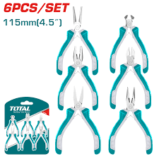 Jeu de 6 mini pinces TOTAL THT1K0511 4,5" – universelle, coupante diagonale, extrémité, long bec, bec plat, bec effilé, poignée bicolore
