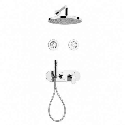 SOPAL Kit Mitigeur Douche Encastré Hydromassage Série Sfax Réf. 06DTA04 — 2 Buses Cylindriques, Douche de Tête avec Bras, Douchette à Main, Inverseur Automatique Verrouillable, Cartouche Céramique Ø35mm Water Saving, Chromé NF EN ISO 1456, Laiton, Garantie 5 Ans, Made in Tunisia | SQES Tunisie