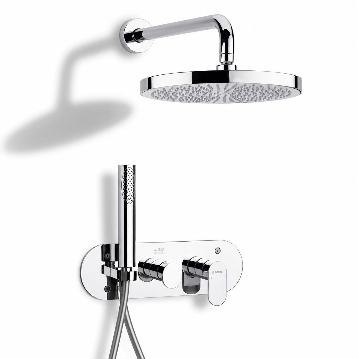 SOPAL Kit Mitigeur Douche Encastré Inverseur Série Sfax Réf. 06CEA04 — Douche de Tête avec Bras, Douchette à Main avec Flexible et Support, Air Power, Energy Saving, Water Saving, Cartouche Céramique Ø35mm, Chromé NF EN ISO 1456, Laiton, Garantie 5 Ans, Made in Tunisia | SQES Tunisie
