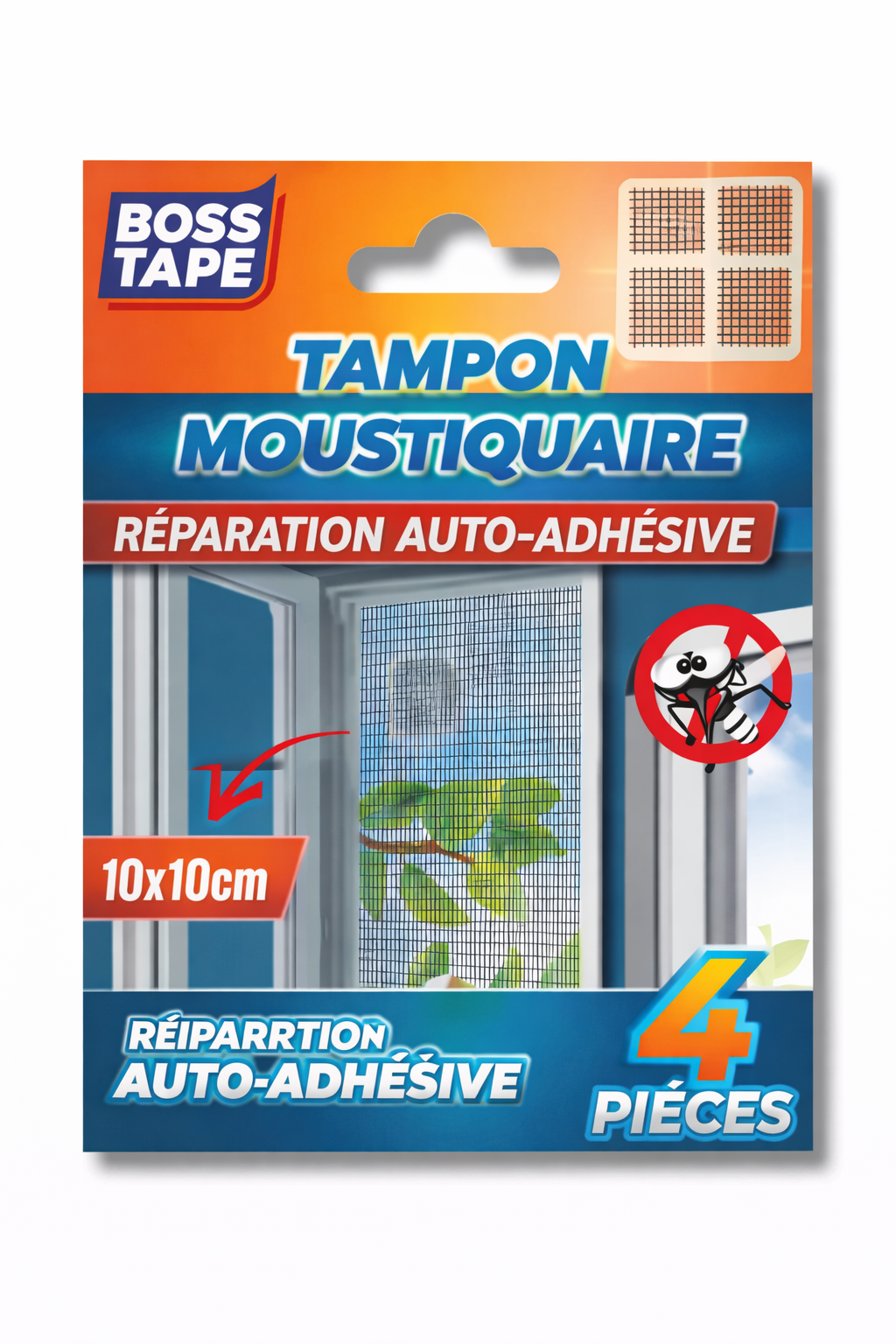 Kit réparation BOSS TAPE moustiquaire 4 patchs autocollants. Répare trous et déchirures. Facile. Livraison Tunisie !