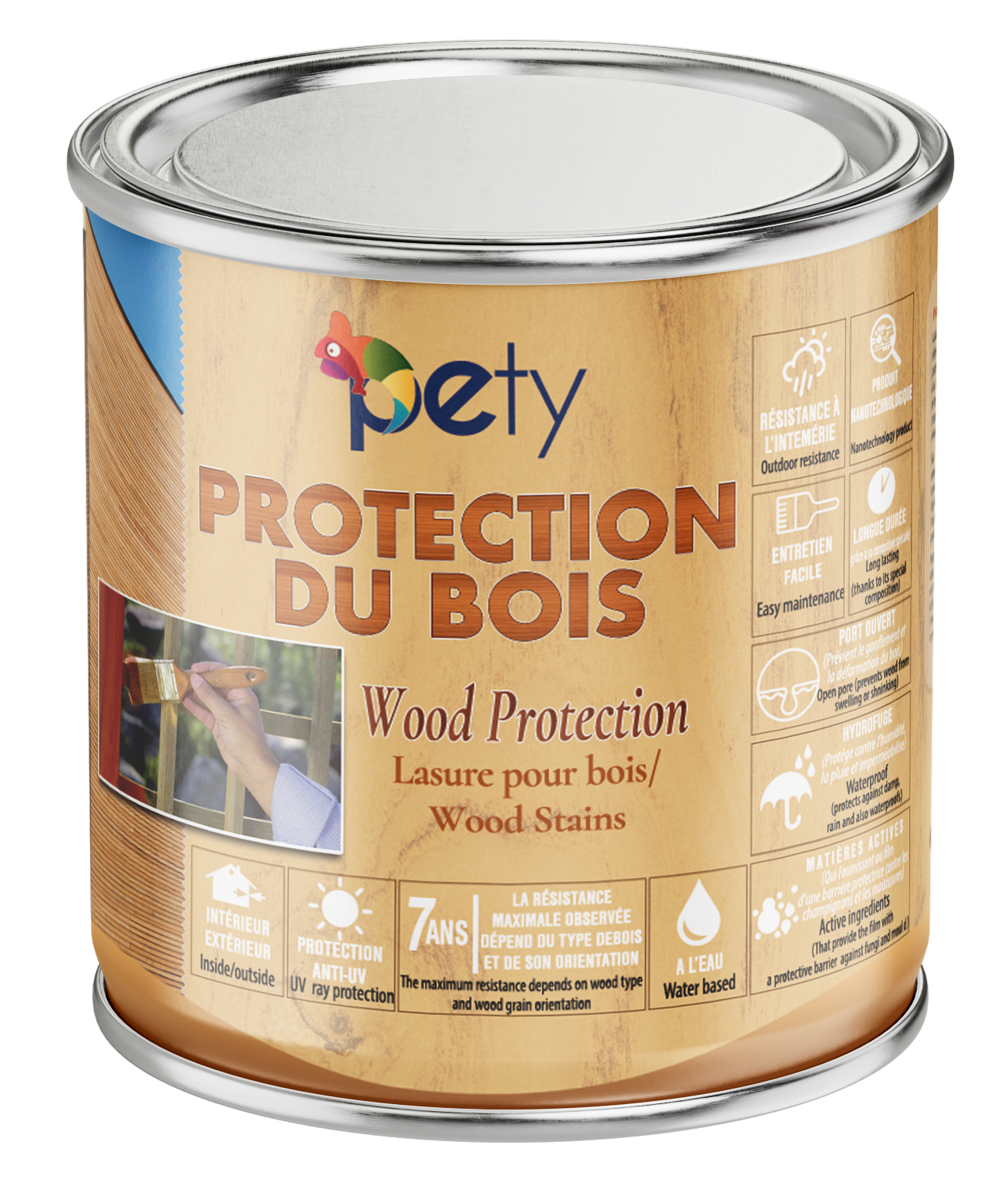 Lasure 3en1 Protection du Bois PETY – hydrofuge, anti-UV, protection 7 ans garantie, finition satinée, 8 coloris disponibles, formule écologique base eau
