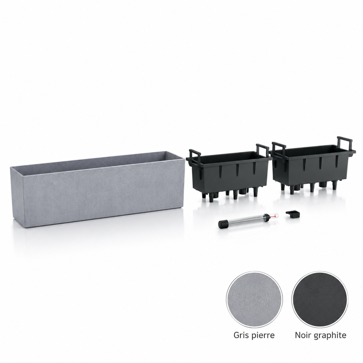 Jardinière LECHUZA BALCONERA Stone 80 effet pierre, 79 × 19 × 19 cm, réservoir 5 L et volume de plantation 12 L. Gris pierre ou noir graphite.
