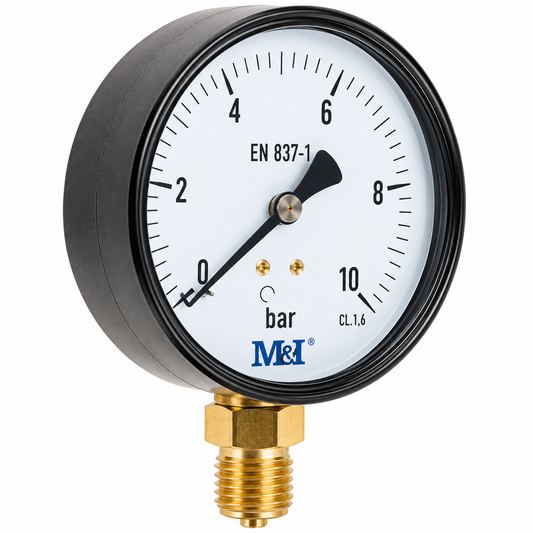 Manomètre sec MARTIGRAP Ø80 mm avec raccord inférieur 1/2", classe 1,6 EN 837-1, disponible en 6, 10 et 16 bar.