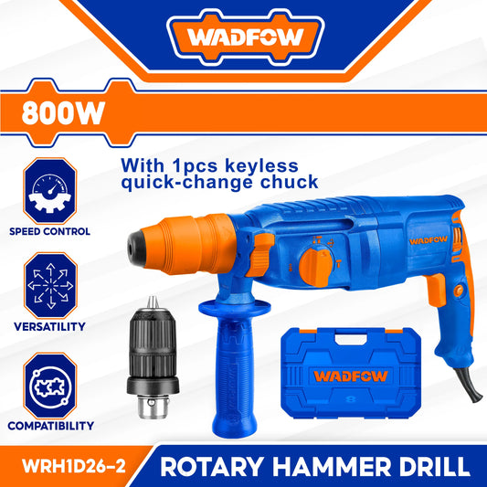 Marteau Perforateur Filaire WADFOW WRH1D26 — 800W SDS+ 2.5J 26mm Béton 13mm Acier 30mm Bois 4000 Coups/min 3 Forets 2 Burins Perçage Burinage | SQES Tunisie
