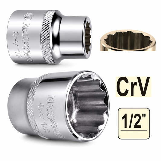 Douilles 1/2'' 12 pans métriques Maxpower en acier CRV DIN 3121 — 12MM, 20MM, 27MM, 32MM. Qualité professionnelle, livraison rapide en Tunisie — SQES.