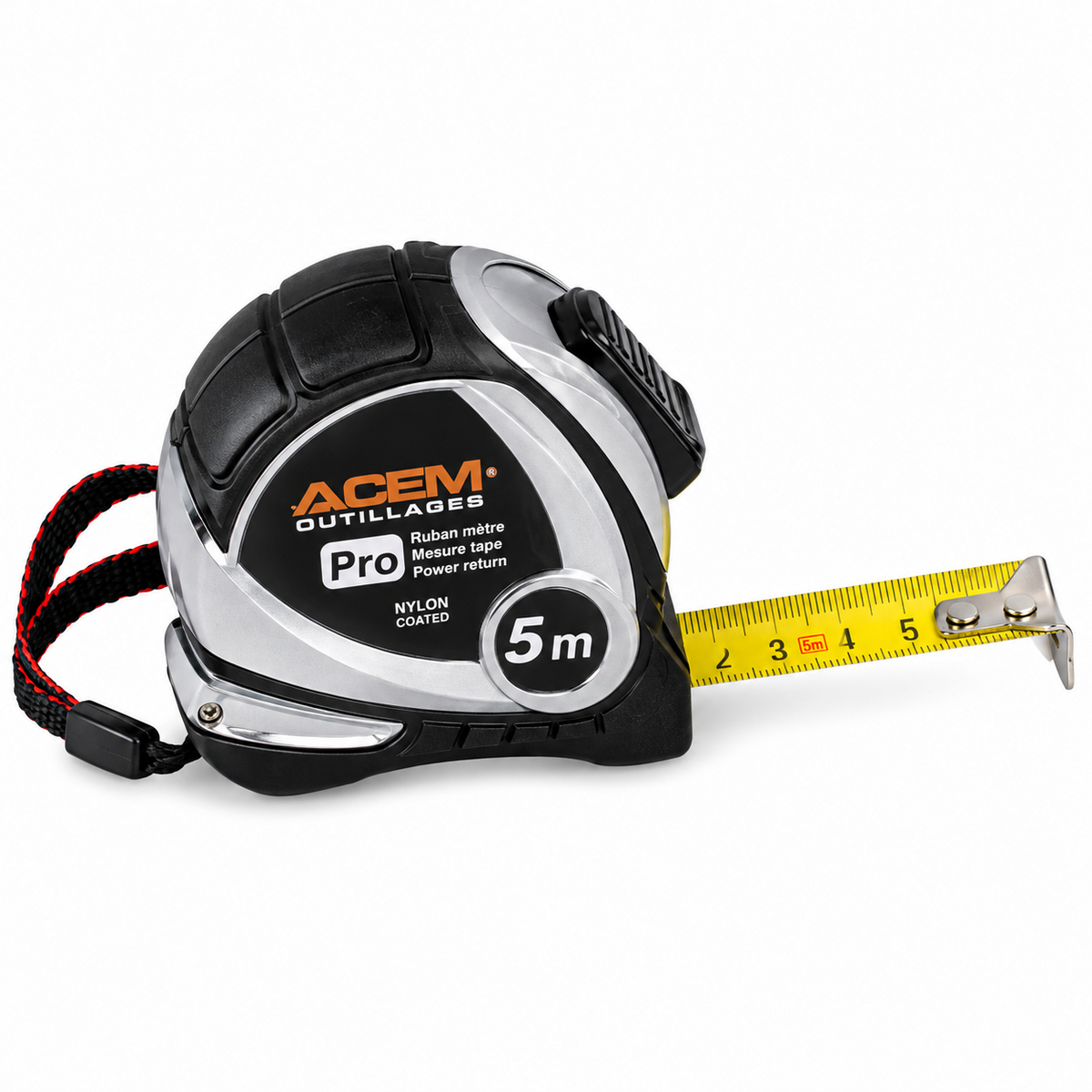 Mètre ruban professionnel ACEM Pro Chromé disponible en5 m × 19 mm avec boîtier robuste et ruban protégé.