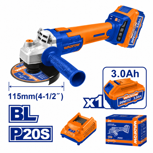 Meuleuse d'Angle Sans Fil WADFOW WLAPM21 — 20V Brushless 115mm 3000-9000 tr/min M14 Batterie 3Ah Découpe Ponçage Polissage Chantier | SQES Tunisie
