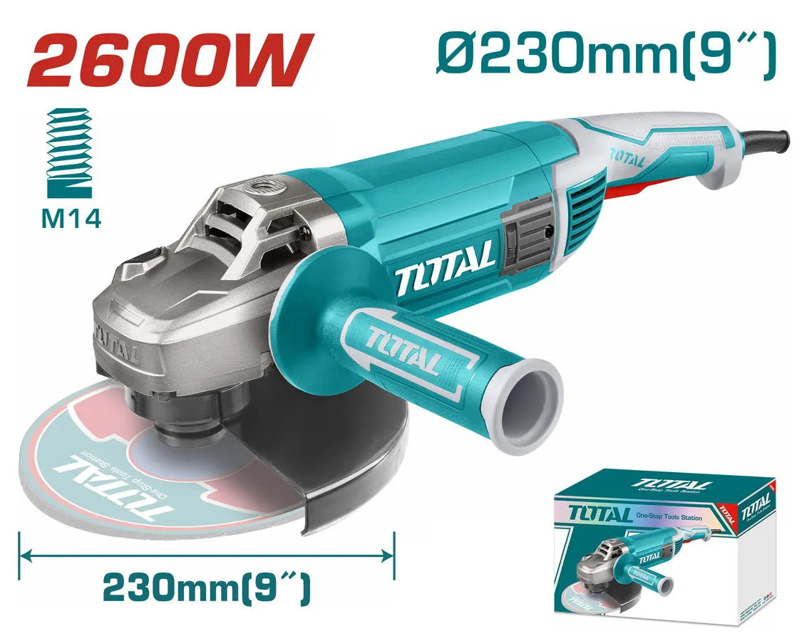 Meuleuse Angulaire TOTAL TG1262306 2600W 230mm 6200tr/min Broche M14 Poignée Auxiliaire Meulage Découpe — SQES Tunisie
