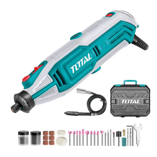 Meuleuse droite électrique TOTAL 130W – 109 accessoires, vitesse variable 10000-35000tr/min, têtes 3,2mm/2,3mm, tuyau flexible, étui transport
