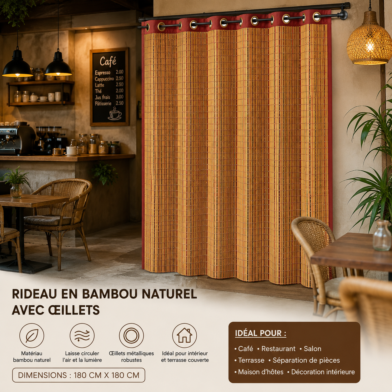 Rideau en bambou naturel 180 × 180 cm avec œillets métalliques utilisé comme séparation de pièces entre un salon et une chambre dans un intérieur moderne et chaleureux.