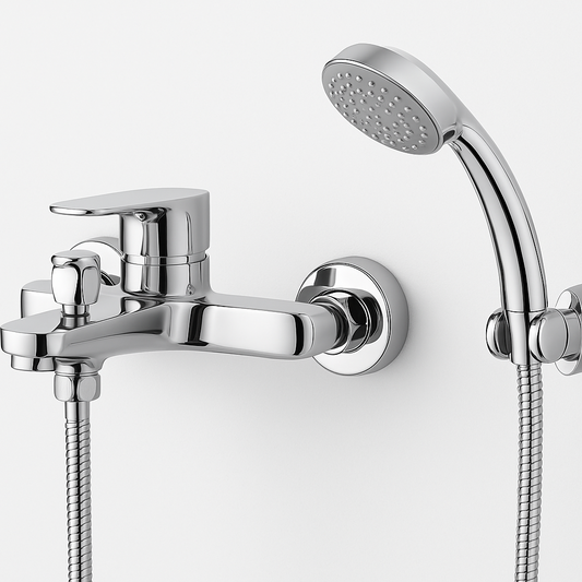 Mitigeur bain douche chrome FRAMO A100 kit complet – douchette ergonomique + flexible anti-torsion, commutateur bain/douche intégré, fabrication italienne premium
