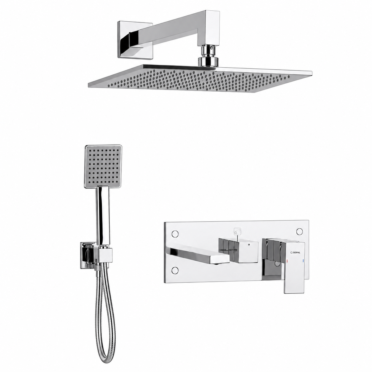 SOPAL Mitigeur Bain/Douche Encastré 3 Sorties Rain Shower Mural Série El Jem Réf. 06FAA04 — Inverseur Automatique 3 Voies, Bec Bain + Rain Shower Mural, Cartouche Céramique Ø40mm Water Saving, Chromé NF EN ISO 1456, Laiton, Garantie 5 Ans, Made in Tunisia | SQES Tunisie
