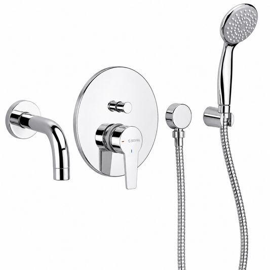 SOPAL Mitigeur Bain/Douche Encastré Série Douz Réf. 06DGA04 — Inverseur Automatique Verrouillable, Cartouche Céramique Ø40mm Water Saving, Chromé NF EN ISO 1456, Laiton, Monocommande, Flexibles Souples Sertis d'Usine, Garantie 5 Ans, Made in Tunisia | SQES Tunisie
