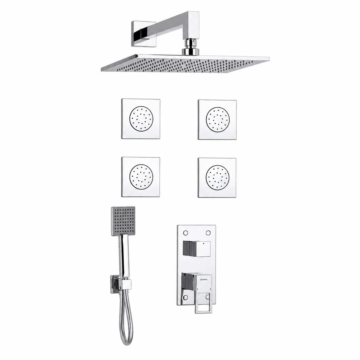 SOPAL Mitigeur Douche Encastré Hydromassage Rain Shower Mural Série Zaghouan Réf. 06FNA04 — Cartouche Céramique Ø40mm Water Saving, Chromé NF EN ISO 1456, Laiton, Garantie 5 Ans, Made in Tunisia | SQES Tunisie

