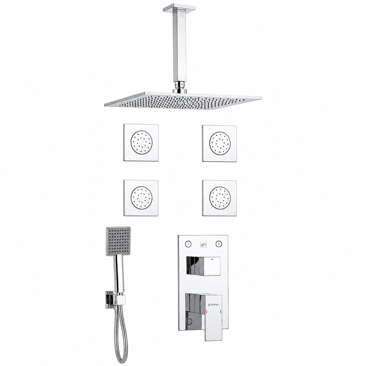 Mitigeur Douche Encastré Hydromassage Rain Shower Plafonnier SOPAL Série El Jem 06F4A04 — Cartouche Ø40mm Water Saving Rosace Carrée Garantie 5 Ans | SQES Tunisie

