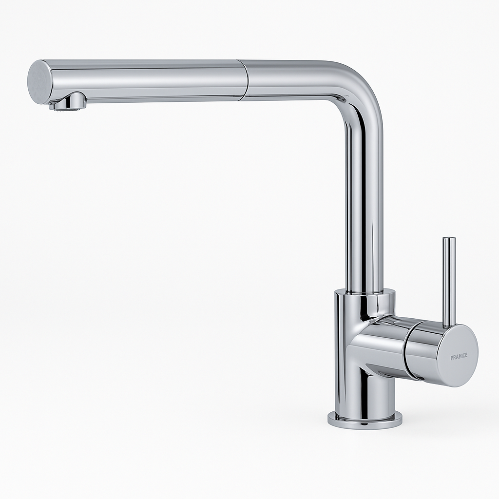Mitigeur évier chrome FRAMO 620 avec douchette extractible – 2 jets, bec pivotant 360°, cartouche céramique, fabrication italienne premium
