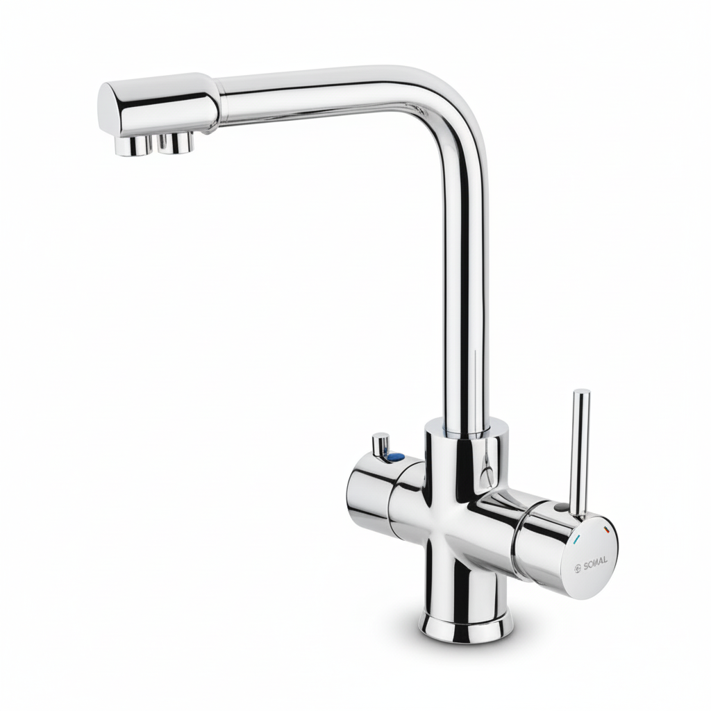 Mitigeur évier chrome FRAMO I304 – 3 entrées (eau chaude, froide, filtrée), 2 sorties, aérateur 2 fonctions, bec 360°, cartouche céramique 40mm, certification CE
