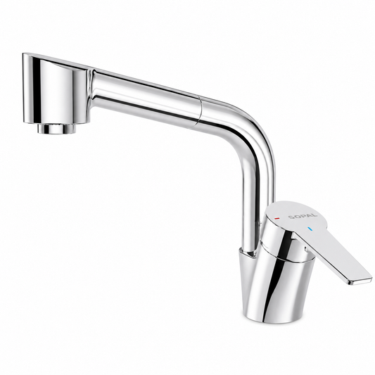 SOPAL Mitigeur d'Évier avec Douchette Extractible Série Douz Réf. 06ESA04 — Double Jet Laminaire/Pluie, Rotation 360°, Flexible Mémoire de Forme, Air Power, Energy Saving, Water Saving, Cartouche Céramique Ø40mm, Chromé NF EN ISO 1456, Laiton, Garantie 5 Ans, Made in Tunisia | SQES Tunisie
