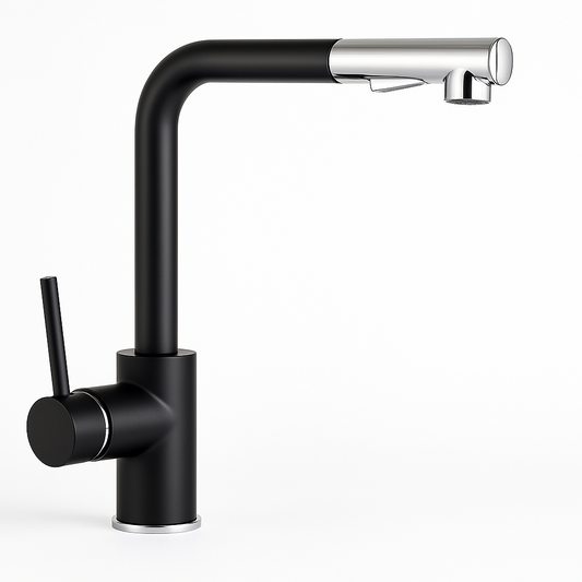 Mitigeur évier FRAMO 620 noir mat avec douchette extractible – double jet, bec pivotant 360°, cartouche céramique, fabrication italienne premium
