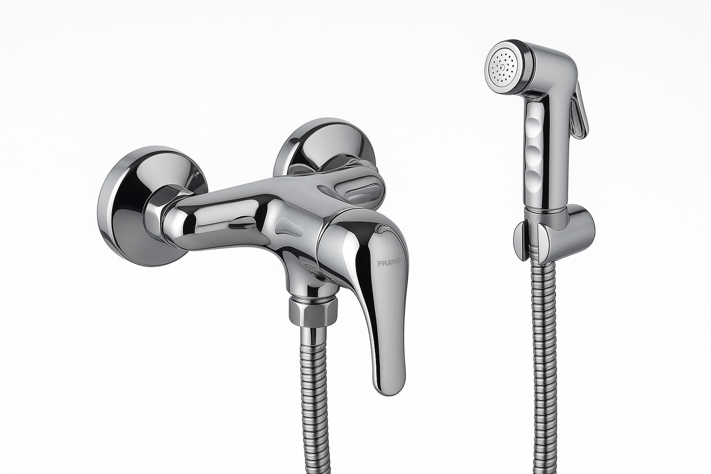 Mitigeur toilette + shattaf chrome FRAMO réf 102 – mural, cartouche céramique, écologique, fabrication italienne premium
